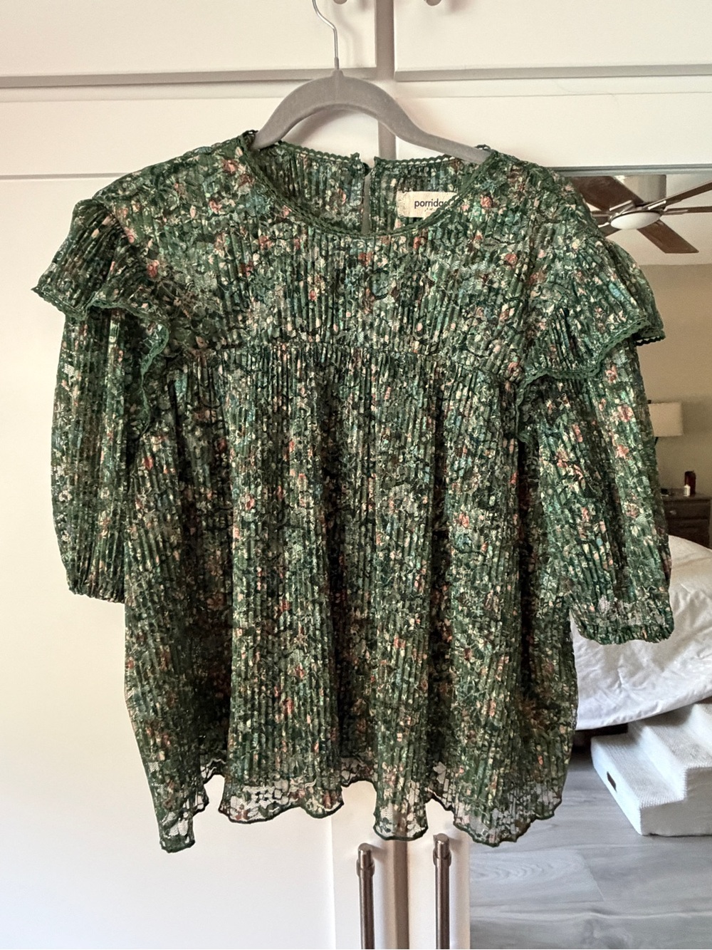 Anthropologie Green Floral Pleated Ruffle Blouse